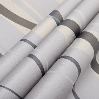 Black and Grey No Woven Patterned Wallpaper Wavy Striped Wallpaper Roll 5.3m²