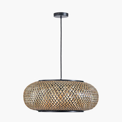 Black and Natural Rattan Ceiling Light Large Flat Dome Pendant