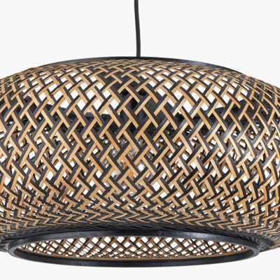 Black and Natural Rattan Ceiling Light Large Flat Dome Pendant