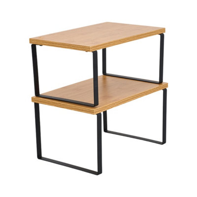 Black and Natural Wood Set of 2 Stackable Kitchen Spice Storage Racks Countertop Shelves