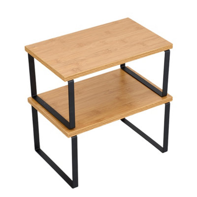 Black and Natural Wood Set of 2 Stackable Kitchen Spice Storage Racks Countertop Shelves
