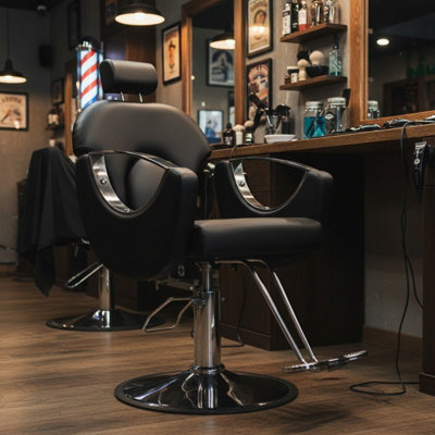 Black and Silver Height Adjustable Reclining Swivel Salon Barber Chair