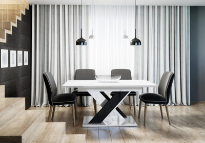 Black And White Gloss Extendable Dining Table 140-180cm 6-10 Quest X Shape Legs