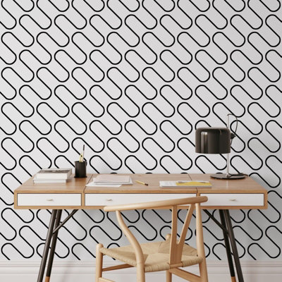 Black and White Linear Curve Wavey Lines Monochrome Minimalist Feature Wallpaper