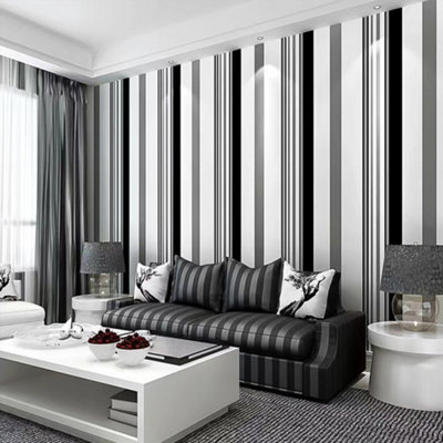 Black and White Stripe Patterned Wallpaper Non Woven Wall Paper Roll L 9.5 m x W 0.53 m
