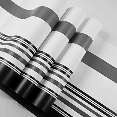 Black and White Stripe Patterned Wallpaper Non Woven Wall Paper Roll L 9.5 m x W 0.53 m