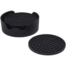 Black Anti Slip Silicone Table Coaster Set -  Six Cup Coasters and Holder