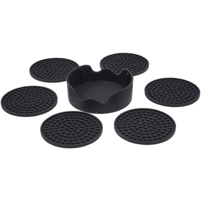 Black Anti Slip Silicone Table Coaster Set -  Six Cup Coasters and Holder