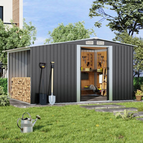 Black Apex Roof Garden Metal Furniture Storage Tool Shed with Log Store 8 x 6 ft