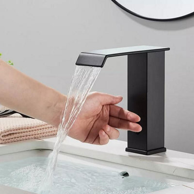Black Automatic Infrared Sensor Waterfall Basin Mixer Bathroom Tap ...