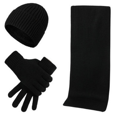 Black Autumn & Winter Warm Knitted Woolen Hat Scarf Gloves Set