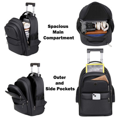 Black Backpack Rolling Trolley Extendable Handle Rucksack Carry-On ...