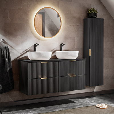 Black Bathroom Cabinets Furniture Set Double Sink Vanity Unit Wall Hung ...