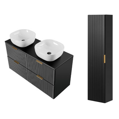 Black Bathroom Cabinets Furniture Set Double Sink Vanity Unit Wall Hung ...