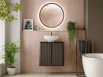 Black Bathroom Vanity Sink Unit Wall Hung Ribbed Cabinet 600mm Countertop with Basin Nero
