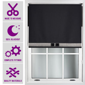 Black Blackout Roller Blind with Silver Diamante & Black Bow Free Cut Down Service by Furnished - (W)120cm x (L)165cm