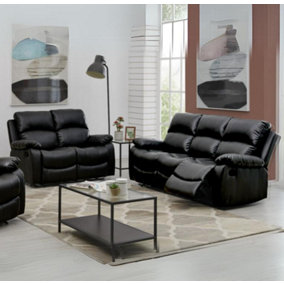 Black Bonded Leather Manual Recliner 2 & 3 Seater Sofa Set