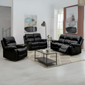 Black Bonded Leather Manual Recliner Sofa Suite