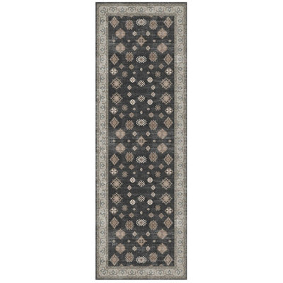 Black Bordered Floral Rug For Bedroom, & Living Room, 7mm Thick Stain ...