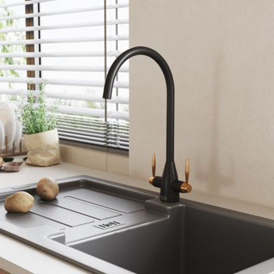 Black Brass Twin Lever Mono Kitchen Tap Mixer Tap