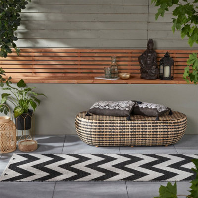 Black Brittany Chevron Runner Indoor / Outdoor Patio Rug - Long 60x230cm