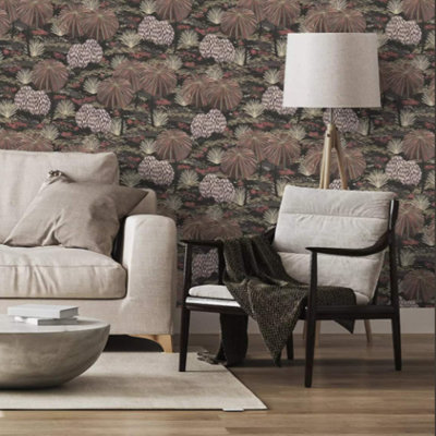 Black Brown Tones Tropical Wallpaper Multi Leaves Floral Jungle Theme Vinyl Paste The Wall