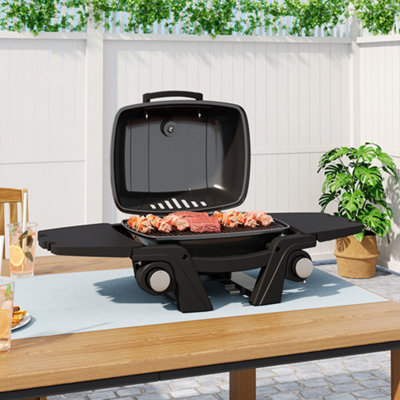 Black Cast Iron Portable Gas Grill Propane Grill with Side Tables