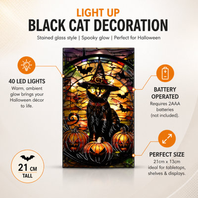 Black Cat Halloween Decoration 21cm Battery Operated Light Up Stained Glass