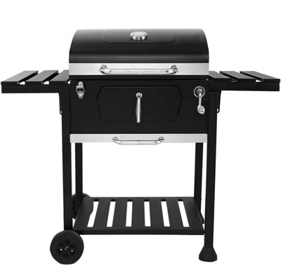 Black Charcoal Grill BBQ Trolley Wheels Two Arm Garden Smoker Shelf Side Steel Free Cover Included