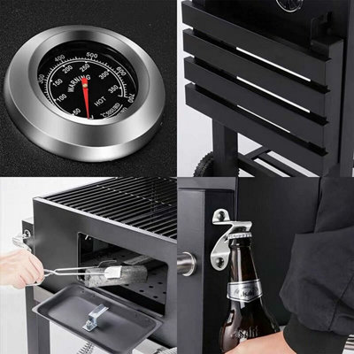 Black Charcoal Grill BBQ Trolley Wheels Two Arm Garden Smoker Shelf Side Steel Free Cover Included