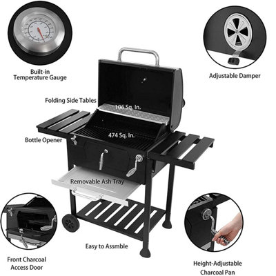 Black Charcoal Grill BBQ Trolley Wheels Two Arm Garden Smoker Shelf Side Steel Free Cover Included - 3