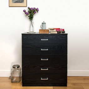 Black Chest of 5 Drawers Wood With Anti Bowing Support 90 x 75 x 36 cm