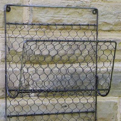 Wallniture RIVISTA File Organizer and Magazine Holder, Wall Mount Chicken  Wire Basket Set with Rail and 10 S Hooks, Black, Metal