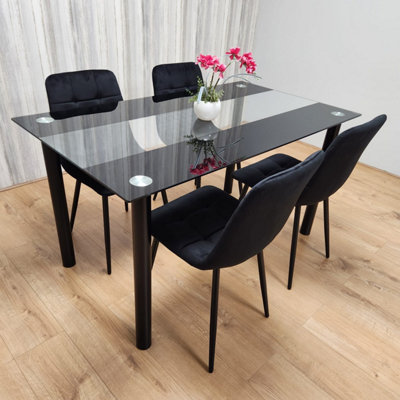 Black Clear Glass Dining Table With 4 Black Tufted Velvet Chairs