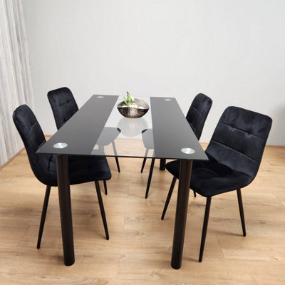 Black Clear Glass Dining Table With 4 Black Tufted Velvet Chairs ...