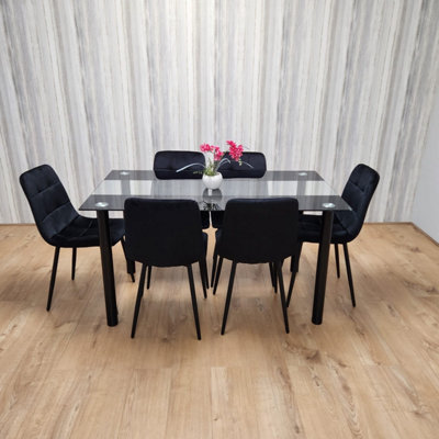 Black Clear Glass Dining Table With 6 Black Tufted Velvet Chairs ...