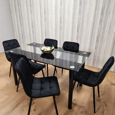 Black Clear Glass Dining Table With 6 Black Tufted Velvet Chairs ...