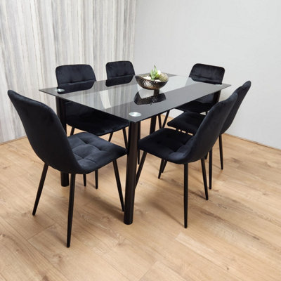 Black Clear Glass Dining Table With 6 Black Tufted Velvet Chairs ...