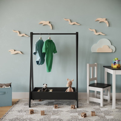 Black Clothes Rail Kids Wooden Hanging Dress Up Rack Display Stand ...