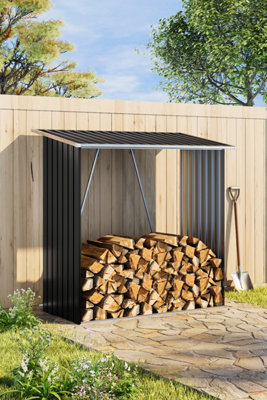 Black Coated Sloped Roof Wooden Storage Shed with Metal Firewood