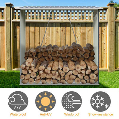 Black Coated Sloped Roof Wooden Storage Shed with Metal Firewood Rack ...