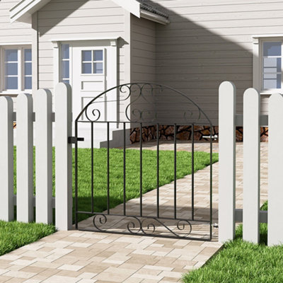 Black Coated Steel Decorative Garden Fence Gate with Arched Top 90 x 85 cm