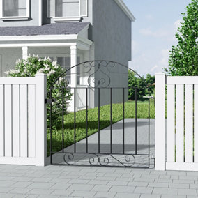 Black Coated Steel Decorative Garden Fence Gate with Arched Top 90 x 85 cm