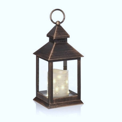 Black / Copper Rustic Christmas Candle Lantern Vintage Battery Operated With Timer 24cm