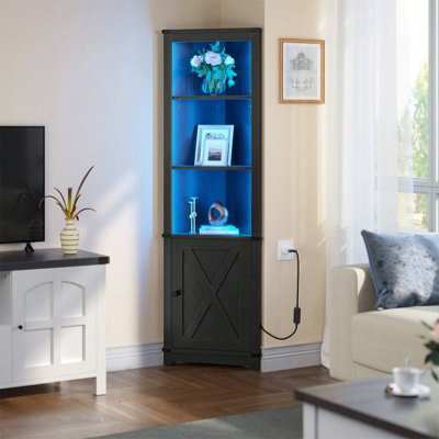 Black Corner Wine Storage Cabinet with LED Lighting and Remote Control