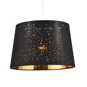 Black Cotton Fabric Drum Pendant Shade with Small Holes and Inner Gold Lining