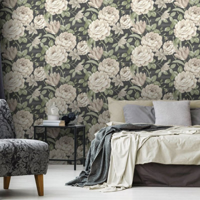 Black Cream Floral Wallpaper Thick HeavyWeight Vinyl Feature Wall Lounge Bedroom