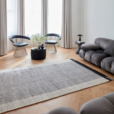 Black Cream Grey Handmade Geometric 4mm Pile Rug For Bedroom, Living, & Dining Room, Wool Modern Rug-200cm X 300cm