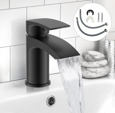 Black Curve Waterfall Cloakroom Mini Basin Mixer Tap Sink Mono Bathroom