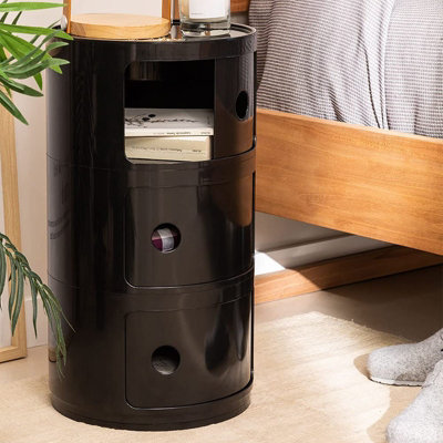 Black Cylindrical Multi Tiered Plastic Bedside Storage Drawers Unit Drawer Bedside Chest 58cm H